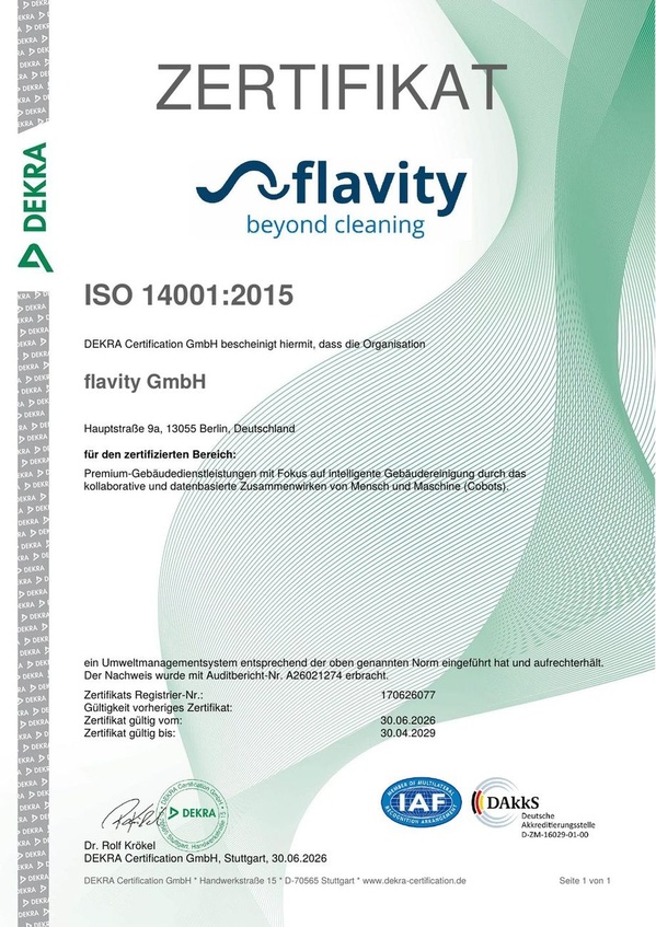 DEKRA Zertifikat ISO 14001 Umweltmanagement – flavity GmbH